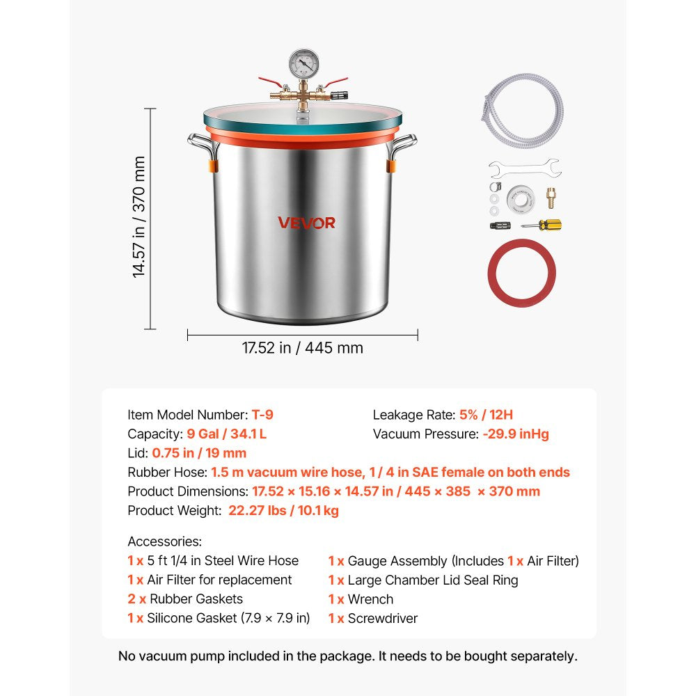 VEVOR 9 Gallon Vacuum Chamber, Stainless Steel, Vacuum Degassing Chamber with Tempered Glass Lid, Hose, Air Filter, for Resin Casting, Stabilizing Wood, Degassing Silicone, Epoxies, Essential Oils
