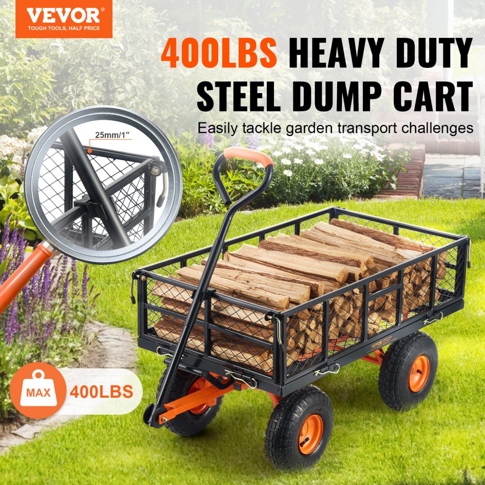 VEVOR Garden Cart, Sturdy Metal Utility Wagon with Simple Assembly, Versatile Dump Cart with Dual-Function Handle, Wheelbarrow with 400 lbs Load Capacity, Equipped with 10" Wheels