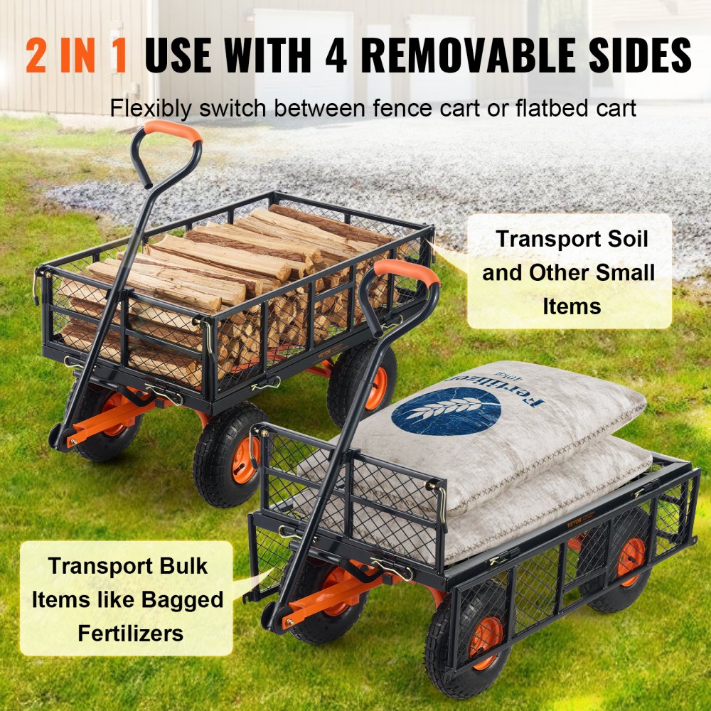 VEVOR Garden Cart, Sturdy Metal Utility Wagon with Simple Assembly, Versatile Dump Cart with Dual-Function Handle, Wheelbarrow with 400 lbs Load Capacity, Equipped with 10" Wheels