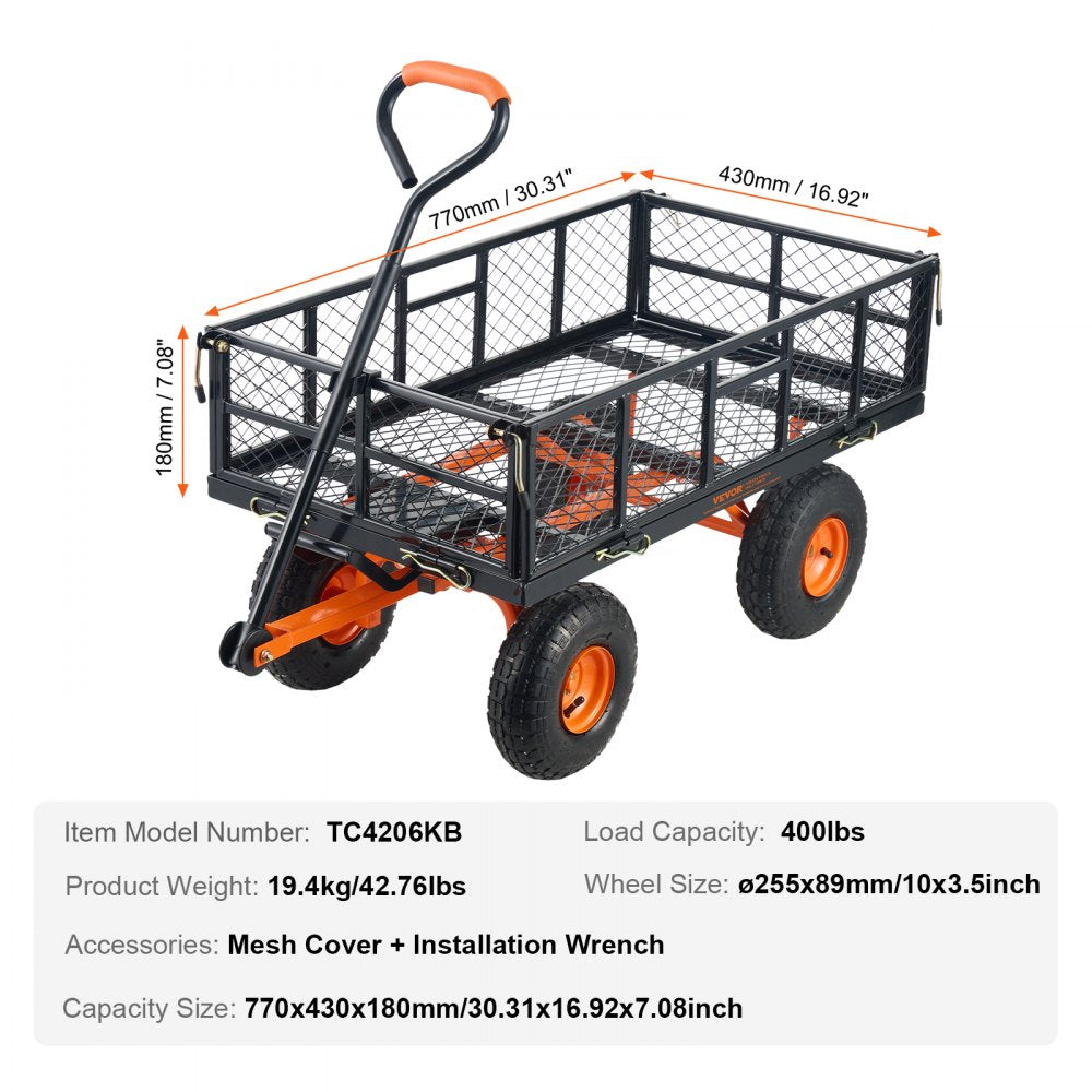 VEVOR Garden Cart, Sturdy Metal Utility Wagon with Simple Assembly, Versatile Dump Cart with Dual-Function Handle, Wheelbarrow with 400 lbs Load Capacity, Equipped with 10" Wheels