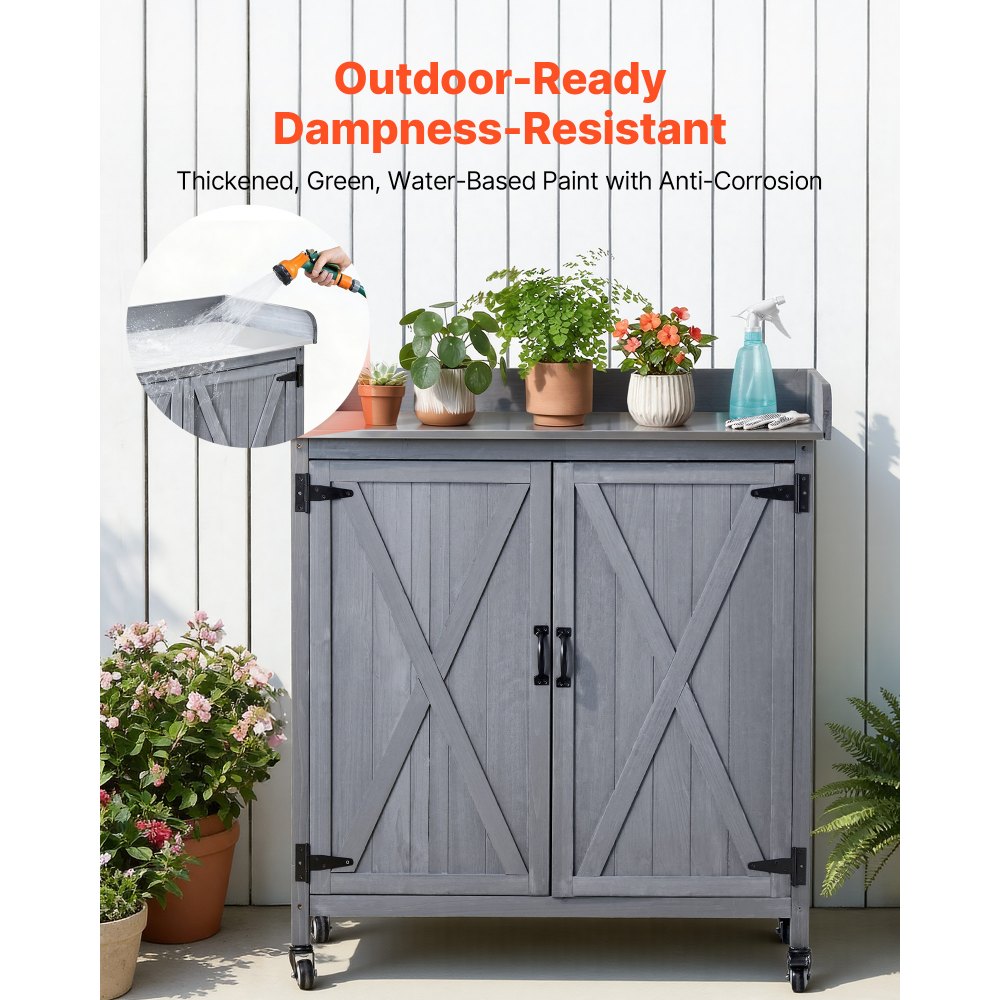 VEVOR Potting Bench Table, Outdoor Gardening Wooden Storage Cabinet with 36 x 16 in Galvanized Iron Tabletop, Garden Planting Workstation with Large Storage Space, 4 Casters for Patio, Backyard, Gray