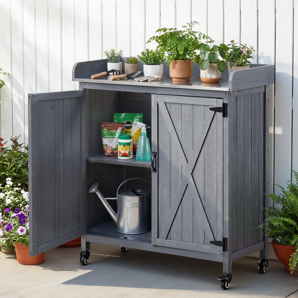 VEVOR Potting Bench Table, Outdoor Gardening Wooden Storage Cabinet with 36 x 16 in Galvanized Iron Tabletop, Garden Planting Workstation with Large Storage Space, 4 Casters for Patio, Backyard, Gray