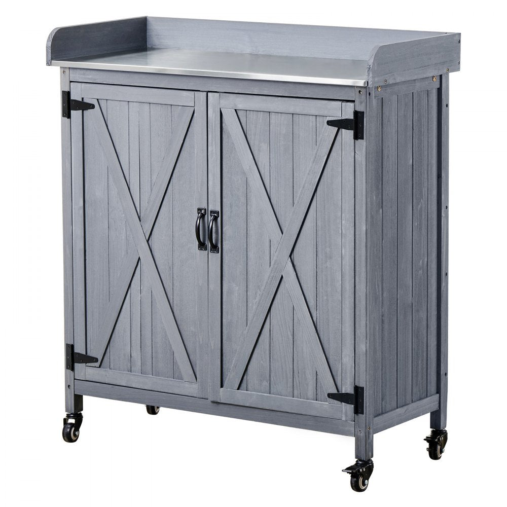 VEVOR Potting Bench Table, Outdoor Gardening Wooden Storage Cabinet with 36 x 16 in Galvanized Iron Tabletop, Garden Planting Workstation with Large Storage Space, 4 Casters for Patio, Backyard, Gray