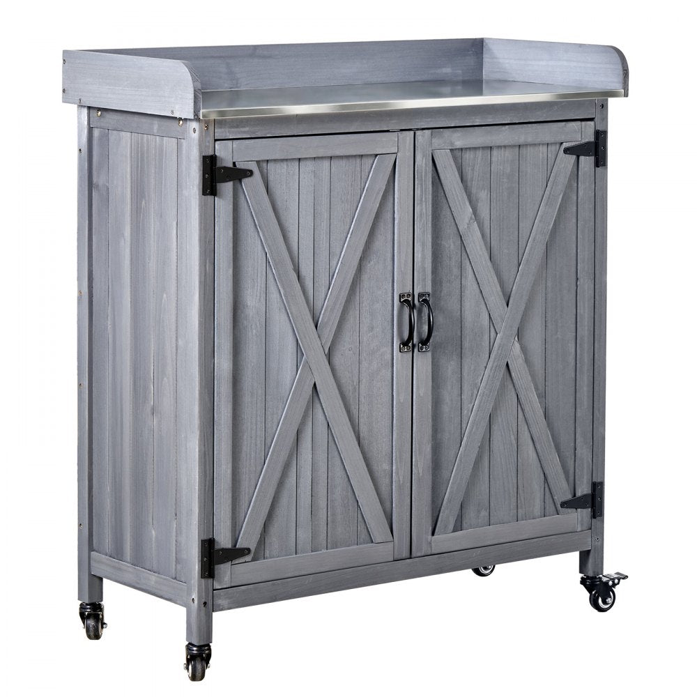 VEVOR Potting Bench Table, Outdoor Gardening Wooden Storage Cabinet with 36 x 16 in Galvanized Iron Tabletop, Garden Planting Workstation with Large Storage Space, 4 Casters for Patio, Backyard, Gray