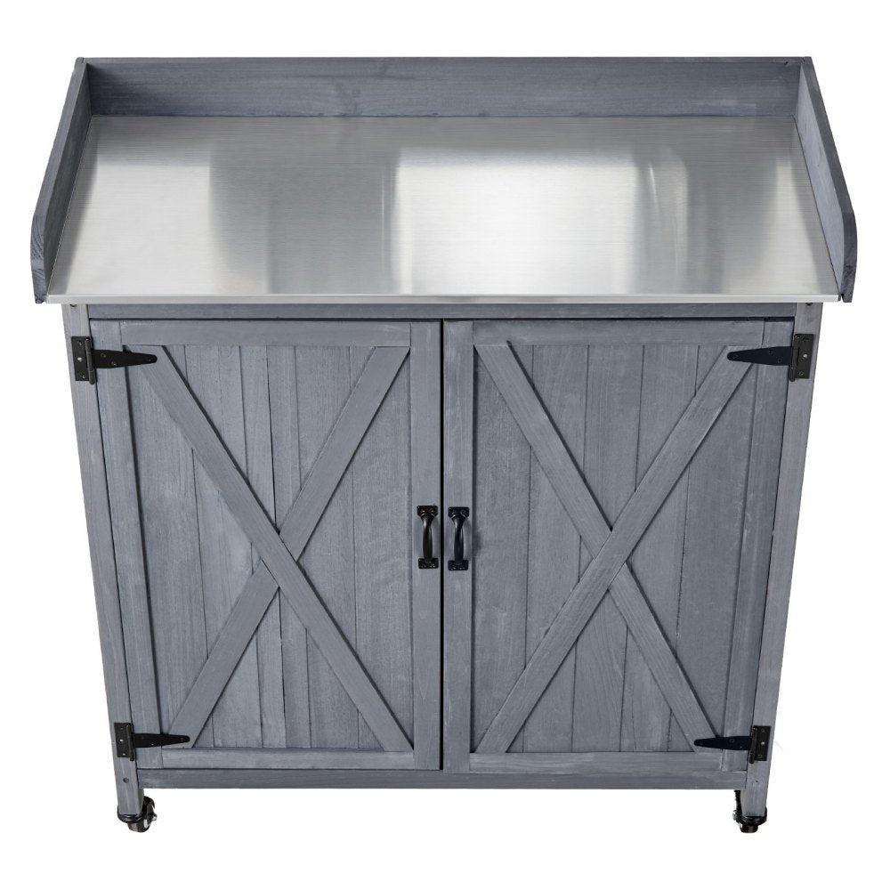VEVOR Potting Bench Table, Outdoor Gardening Wooden Storage Cabinet with 36 x 16 in Galvanized Iron Tabletop, Garden Planting Workstation with Large Storage Space, 4 Casters for Patio, Backyard, Gray