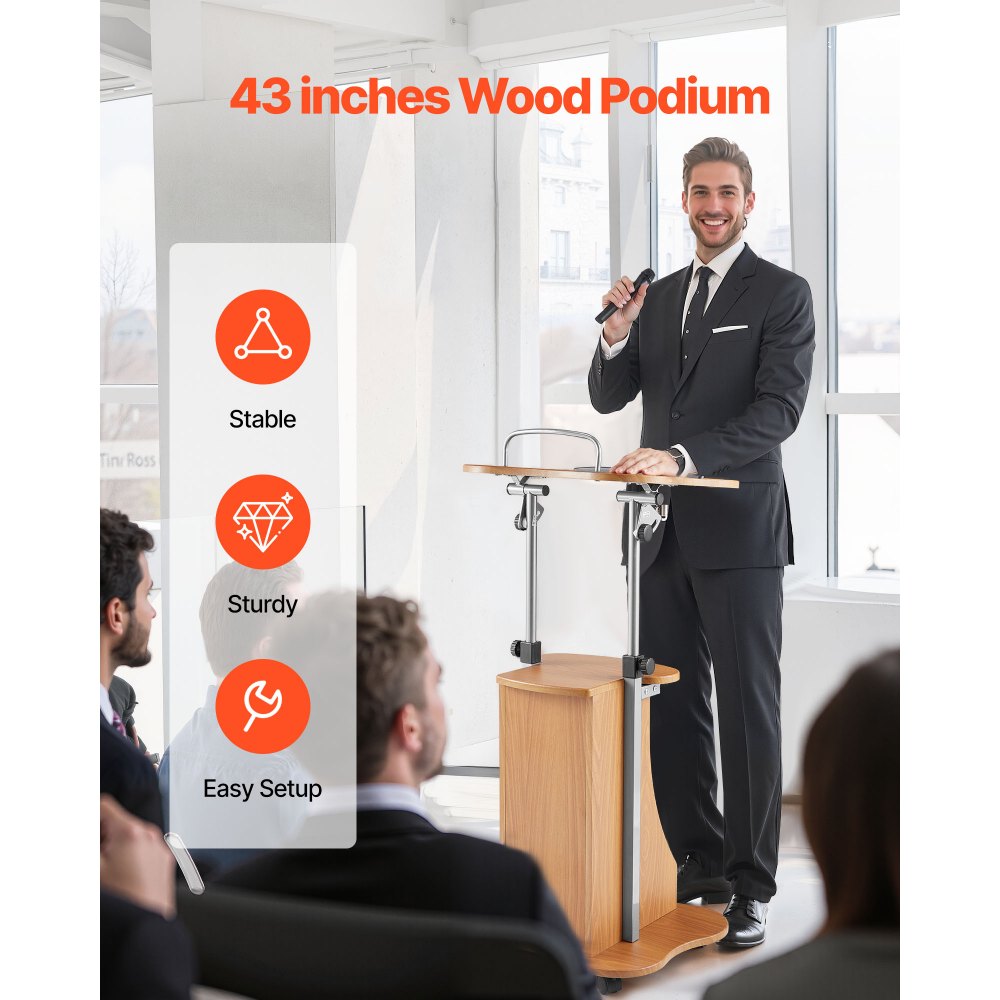 VEVOR Podium Stand, 43-Inch Wooden Lectern, Portable Laptop Desk with Lockable Wheels, Wide Reading Surface and Open Storage Area, Adjustable Height and Angle, for Speeches, Lectures, or Presentations