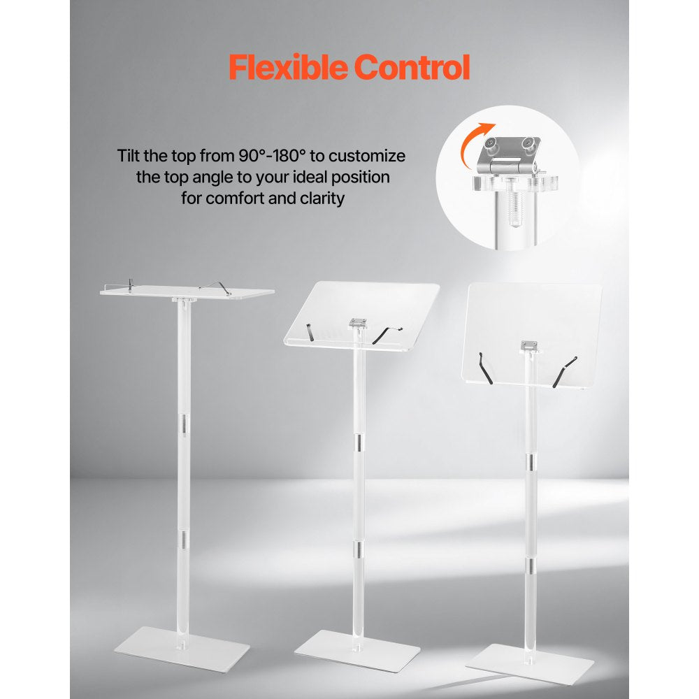VEVOR Podium Stand, 43-Inch Acrylic Lectern, Portable Laptop Desk with Wide Reading Surface, Book Clips, Adjustable Angle, Floor-Standing, for Classroom, Wedding, Conference, Lecture and Concert