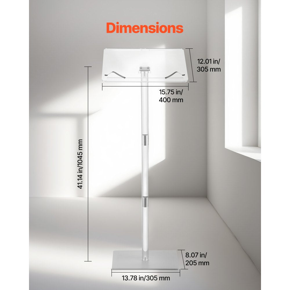 VEVOR Podium Stand, 43-Inch Acrylic Lectern, Portable Laptop Desk with Wide Reading Surface, Book Clips, Adjustable Angle, Floor-Standing, for Classroom, Wedding, Conference, Lecture and Concert