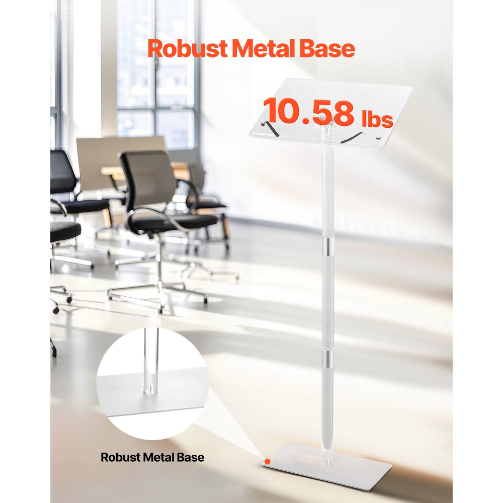 VEVOR Podium Stand, 43-Inch Acrylic Lectern, Portable Laptop Desk with Wide Reading Surface, Book Clips, Adjustable Angle, Floor-Standing, for Classroom, Wedding, Conference, Lecture and Concert