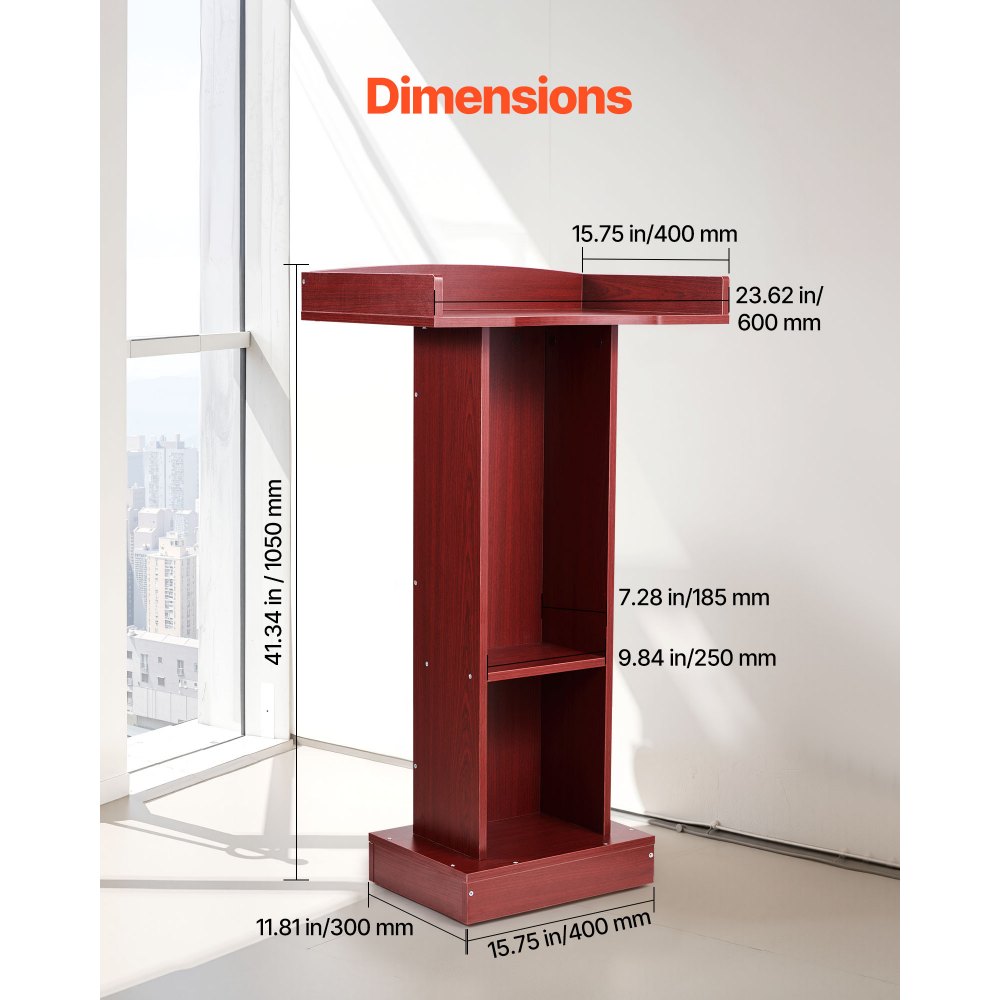 VEVOR Podium Stand, 41-Inch Wooden Lectern, Laptop Desk with Wide Reading Surface and Storage Shelf, Edge Stopper, Elegant Design, Flool-Standing, for Classroom, Conference, Church, and Presentation