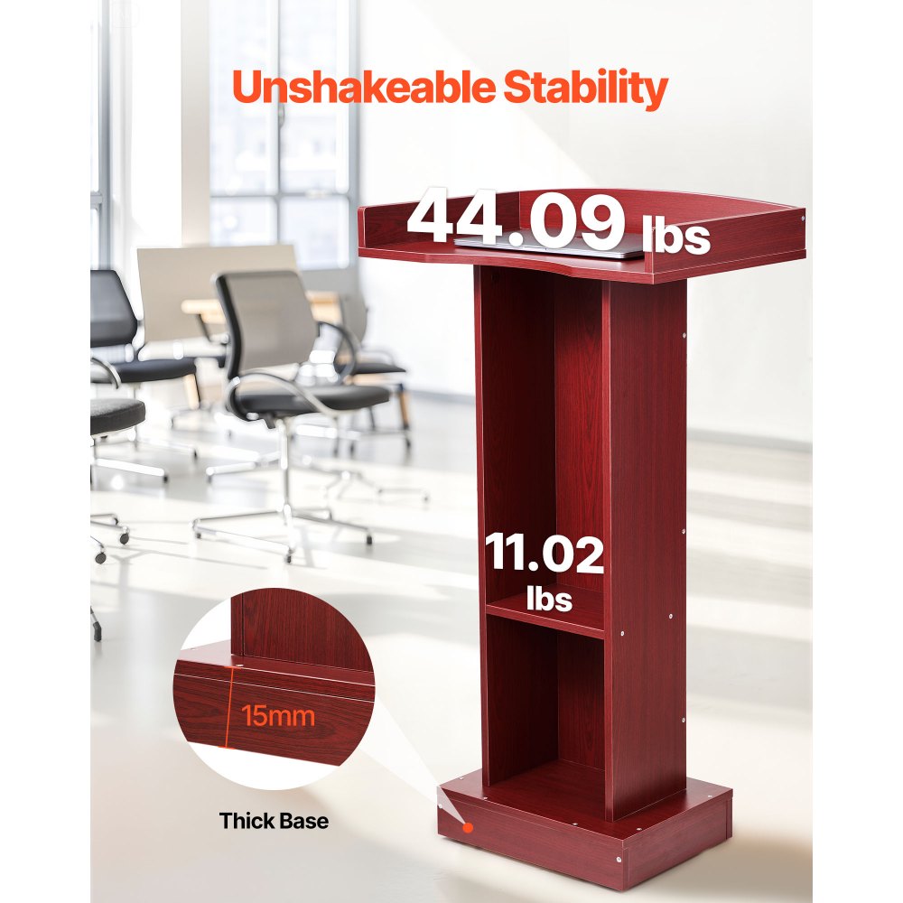 VEVOR Podium Stand, 41-Inch Wooden Lectern, Laptop Desk with Wide Reading Surface and Storage Shelf, Edge Stopper, Elegant Design, Flool-Standing, for Classroom, Conference, Church, and Presentation