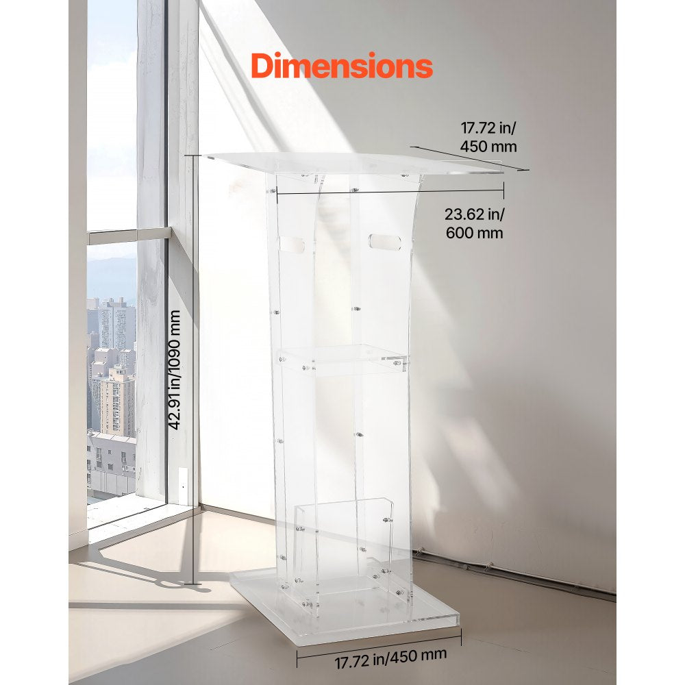 VEVOR Podium Stand, 43-Inch Acrylic Lectern, Portable Laptop Desk with Wide Reading Surface and Storage Shelf, Book Stopper, Floor-Standing, for Classroom, Wedding, Conference, Lecture and Concert