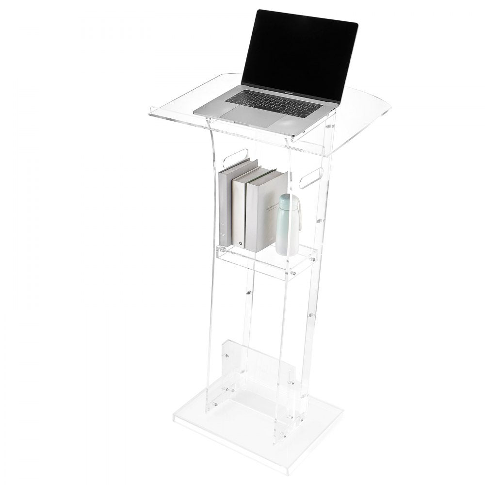 VEVOR Podium Stand, 43-Inch Acrylic Lectern, Portable Laptop Desk with Wide Reading Surface and Storage Shelf, Book Stopper, Floor-Standing, for Classroom, Wedding, Conference, Lecture and Concert