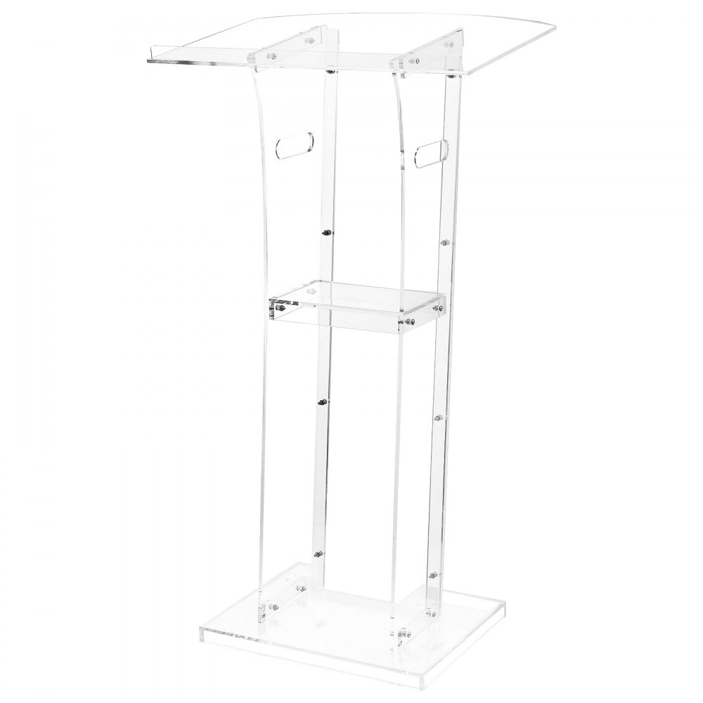VEVOR Podium Stand, 43-Inch Acrylic Lectern, Portable Laptop Desk with Wide Reading Surface and Storage Shelf, Book Stopper, Floor-Standing, for Classroom, Wedding, Conference, Lecture and Concert