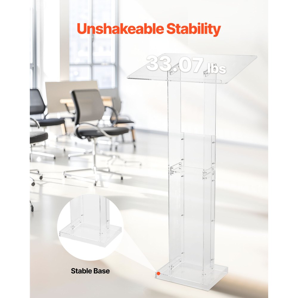 VEVOR Podium Stand, 50-Inch Acrylic Lectern, Portable Laptop Desk with Wide Reading Surface and Storage Shelf, Book Stopper, Floor-Standing, for Classroom, Wedding, Conference, Lecture and Concert