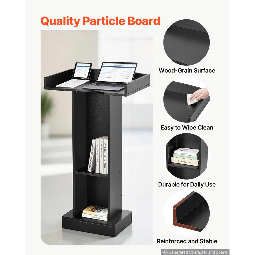 VEVOR Podium Stand, 42 inch Wooden Lectern Laptop Desk with Storage Shelf, for Schools, Churches and Events, Presentation Lectern Stand with Storage Shelf, Three-Sided Panels, Fixed Base, Book Stop