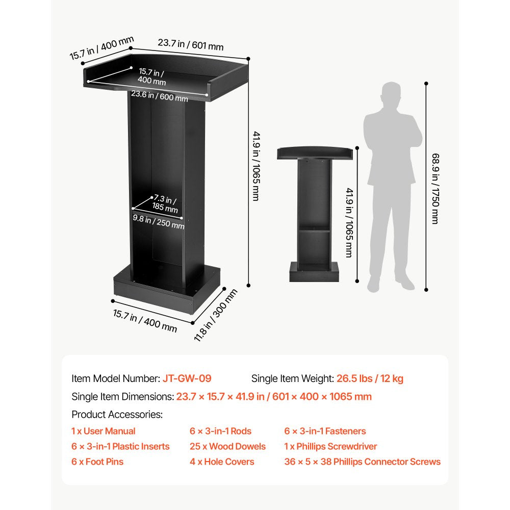 VEVOR Podium Stand, 42 inch Wooden Lectern Laptop Desk with Storage Shelf, for Schools, Churches and Events, Presentation Lectern Stand with Storage Shelf, Three-Sided Panels, Fixed Base, Book Stop