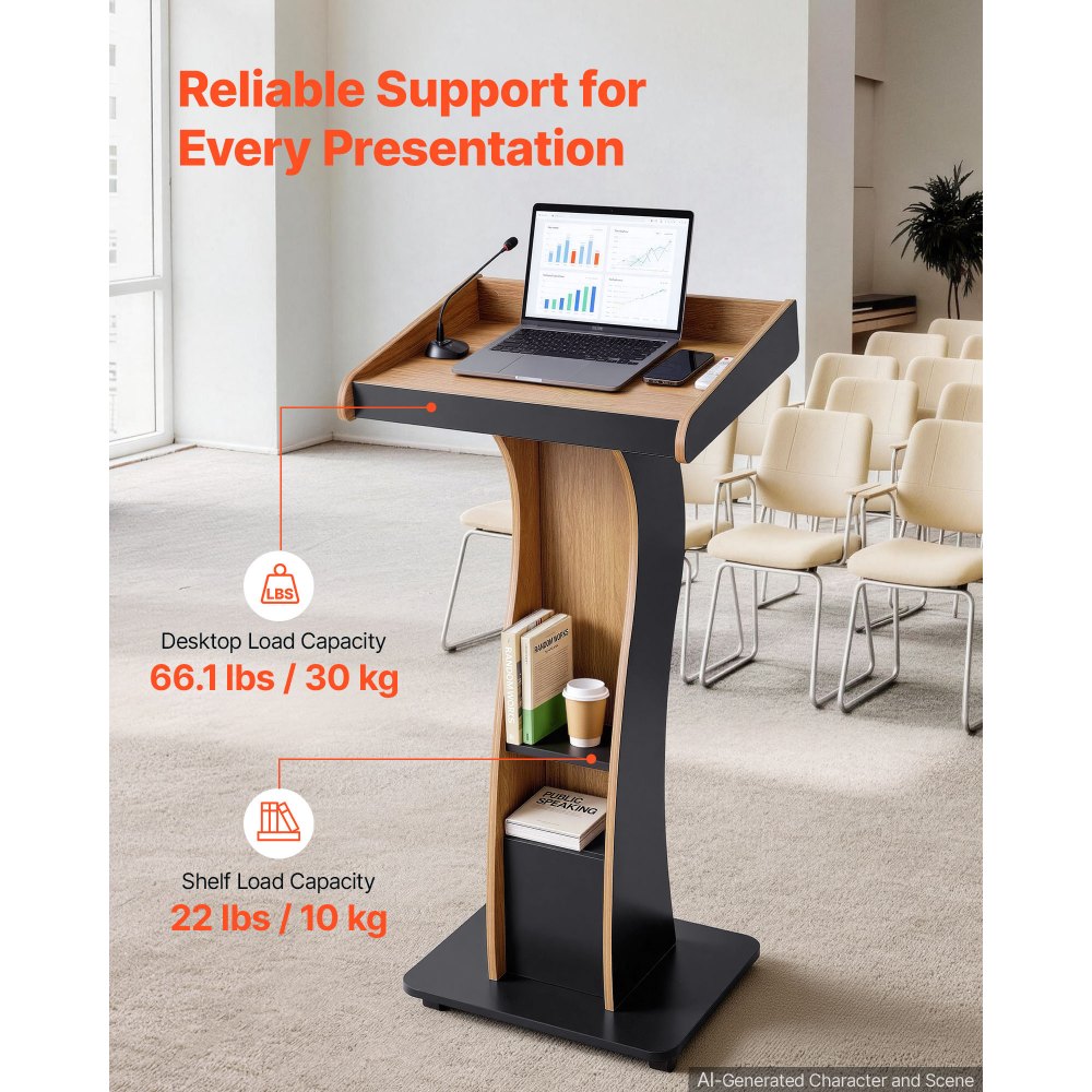 VEVOR Podium Stand, 47 inch Wooden Lectern Mobile Laptop Desk Storage Shelf, for Schools, Churches and Events, Portable Presentation Lectern Stand with Storage Shelf, Three-Sided Panels, and Book Stop