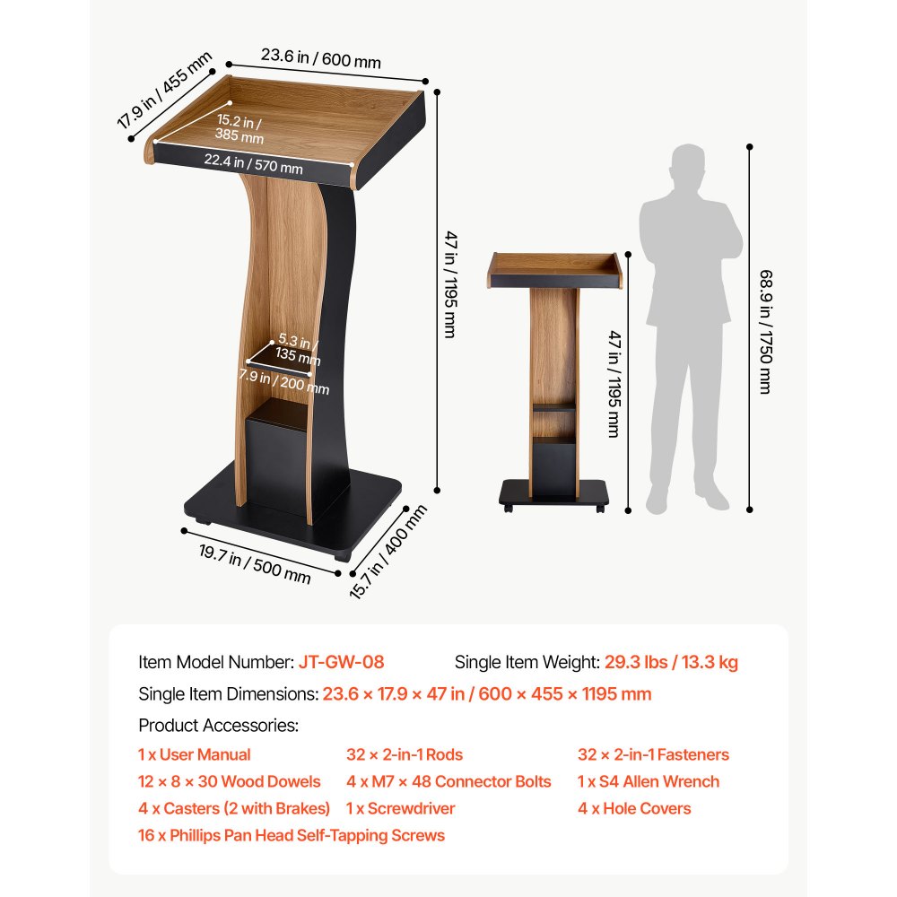 VEVOR Podium Stand, 47 inch Wooden Lectern Mobile Laptop Desk Storage Shelf, for Schools, Churches and Events, Portable Presentation Lectern Stand with Storage Shelf, Three-Sided Panels, and Book Stop