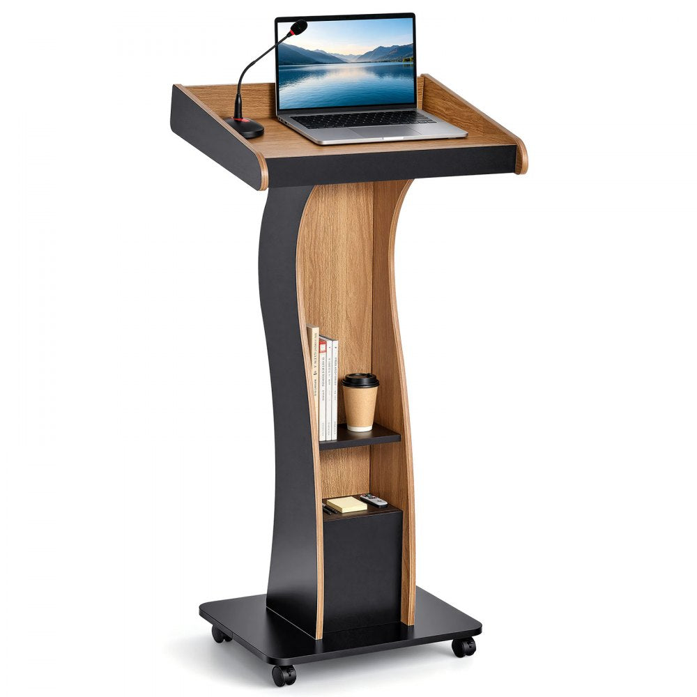 VEVOR Podium Stand, 47 inch Wooden Lectern Mobile Laptop Desk Storage Shelf, for Schools, Churches and Events, Portable Presentation Lectern Stand with Storage Shelf, Three-Sided Panels, and Book Stop