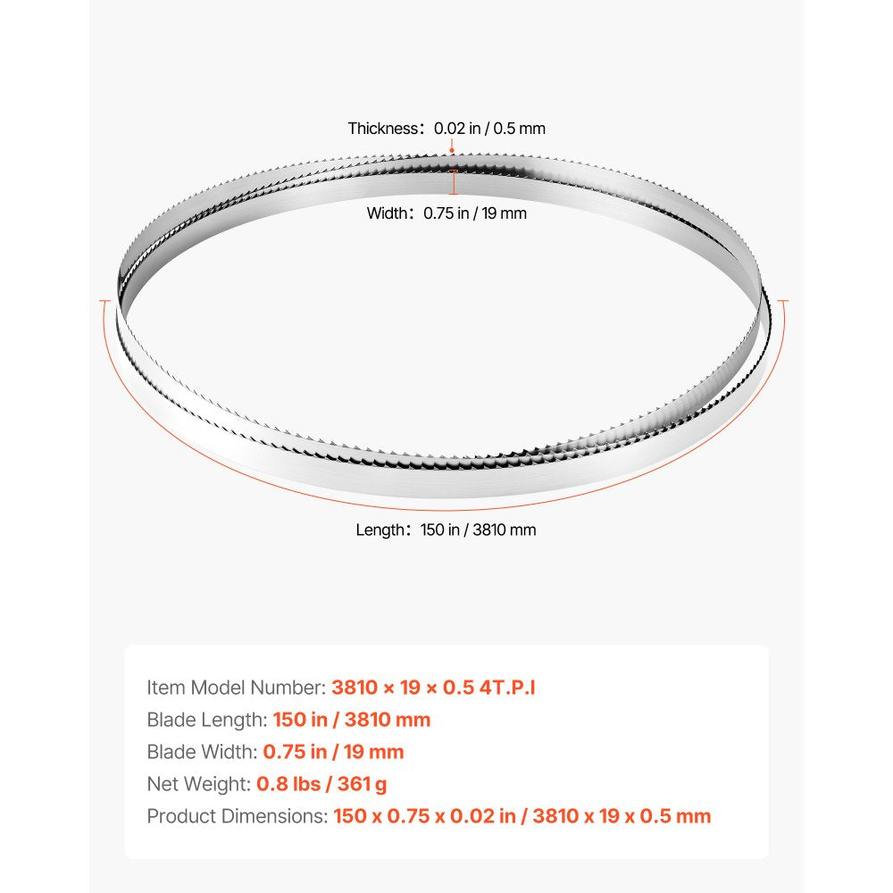 VEVOR Bandsaw Blade, 150 Inch Length, 4 TPI Band Saw Blade with 18 HRC Hardened Sharp Teeth, SK5 High-Strength Carbon Steel, 0.75 Inch Width, Replacement for Major Woodworking Band Saw Brands, 1 Pack