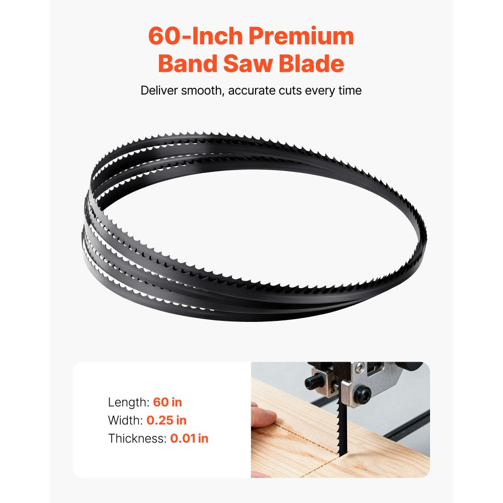 VEVOR Bandsaw Blade, 60 Inch Length, 6 TPI Band Saw Blade with 15 HRC Hardened Sharp Teeth, SK5 High-Strength Carbon Steel, 0.25 Inch Width, Replacement for Major Woodworking Band Saw Brands, 1 Pack