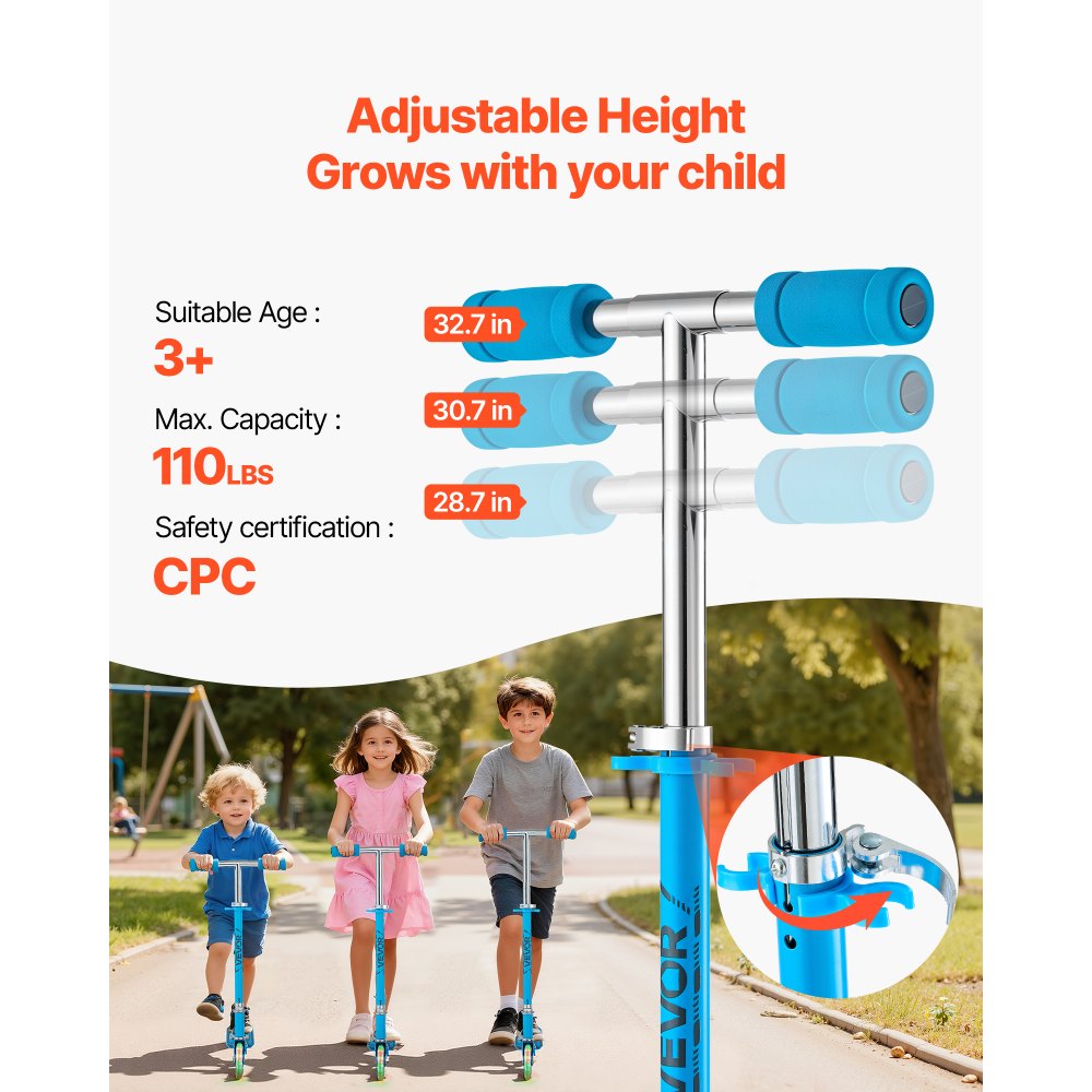 VEVOR Kick Scooter for Kids Ages 3+, 2-Wheel Toddler Scooter with Light-Up Wheels, Adjustable Height Handlebar, Wide Anti-Slip Deck, Foldable Lightweight Frame for Boys & Girls up to 110 lbs, Blue