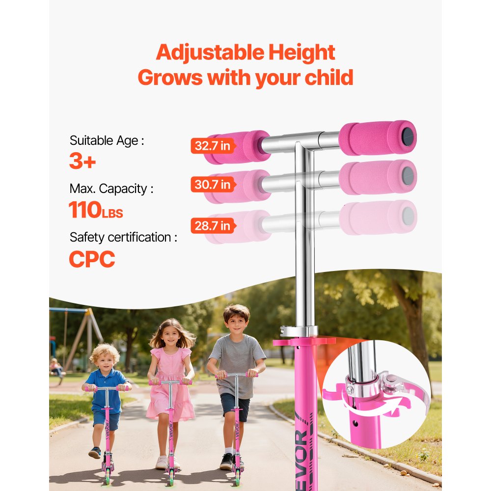 VEVOR Kick Scooter for Kids Ages 3+, 2-Wheel Toddler Scooter with Light-Up Wheels, Adjustable Height Handlebar, Wide Anti-Slip Deck, Foldable Lightweight Frame for Boys & Girls up to 110 lbs, Pink