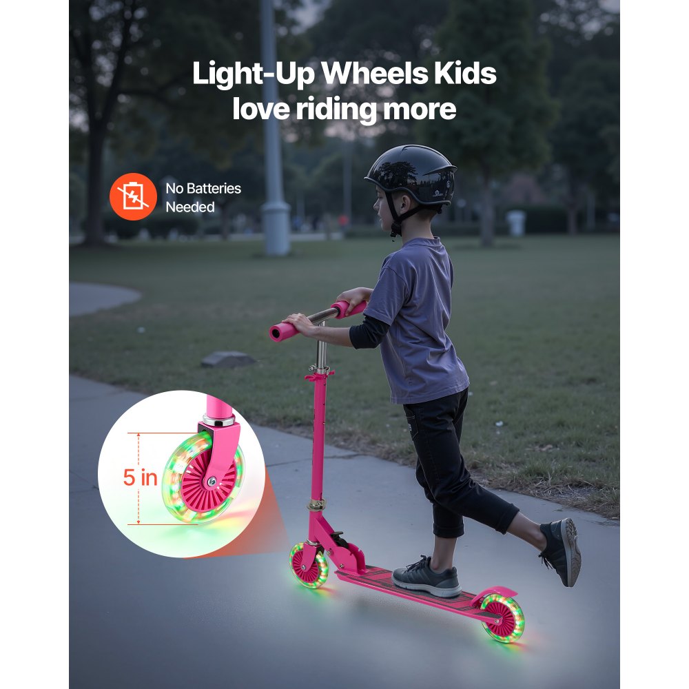 VEVOR Kick Scooter for Kids Ages 3+, 2-Wheel Toddler Scooter with Light-Up Wheels, Adjustable Height Handlebar, Wide Anti-Slip Deck, Foldable Lightweight Frame for Boys & Girls up to 110 lbs, Pink