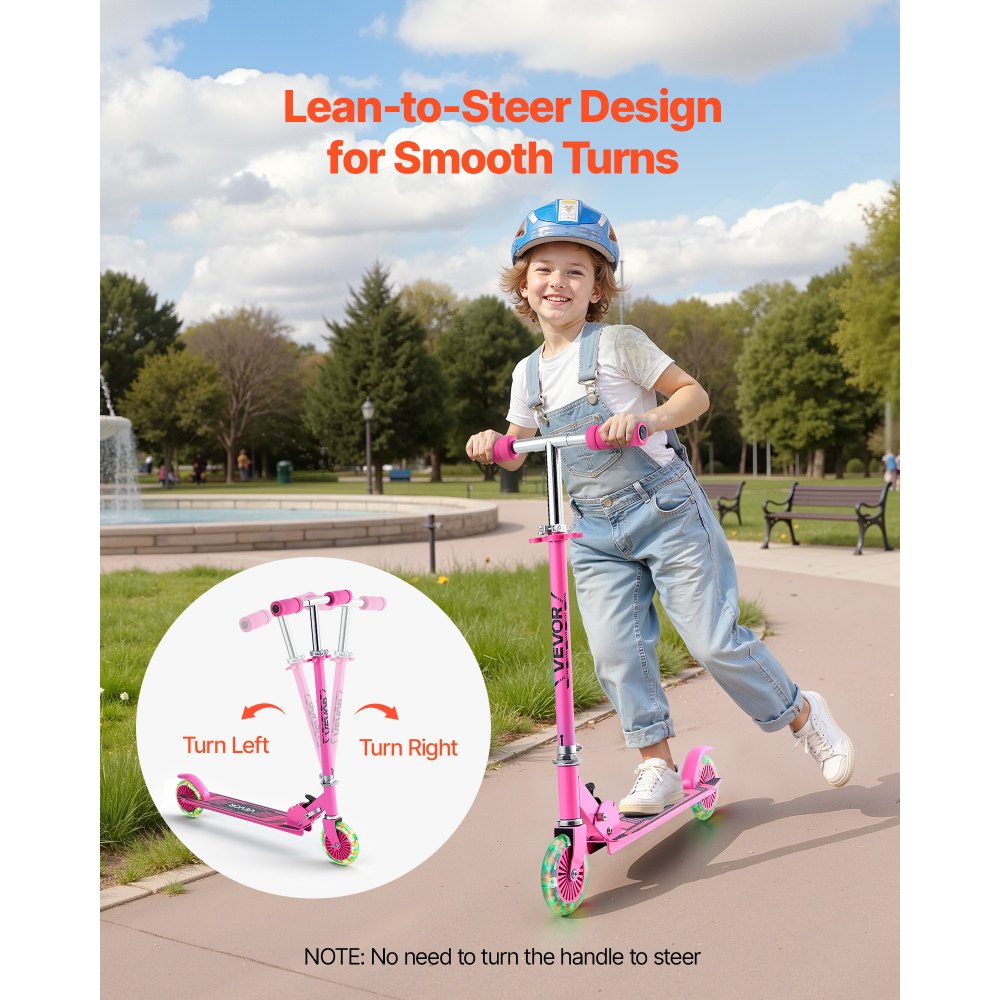 VEVOR Kick Scooter for Kids Ages 3+, 2-Wheel Toddler Scooter with Light-Up Wheels, Adjustable Height Handlebar, Wide Anti-Slip Deck, Foldable Lightweight Frame for Boys & Girls up to 110 lbs, Pink