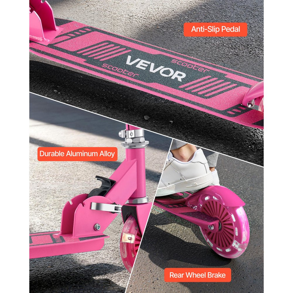 VEVOR Kick Scooter for Kids Ages 3+, 2-Wheel Toddler Scooter with Light-Up Wheels, Adjustable Height Handlebar, Wide Anti-Slip Deck, Foldable Lightweight Frame for Boys & Girls up to 110 lbs, Pink