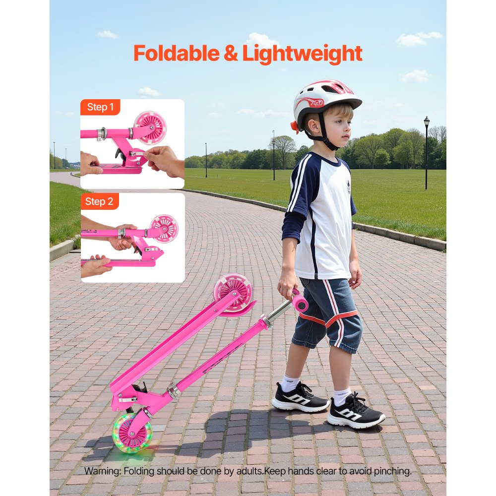 VEVOR Kick Scooter for Kids Ages 3+, 2-Wheel Toddler Scooter with Light-Up Wheels, Adjustable Height Handlebar, Wide Anti-Slip Deck, Foldable Lightweight Frame for Boys & Girls up to 110 lbs, Pink