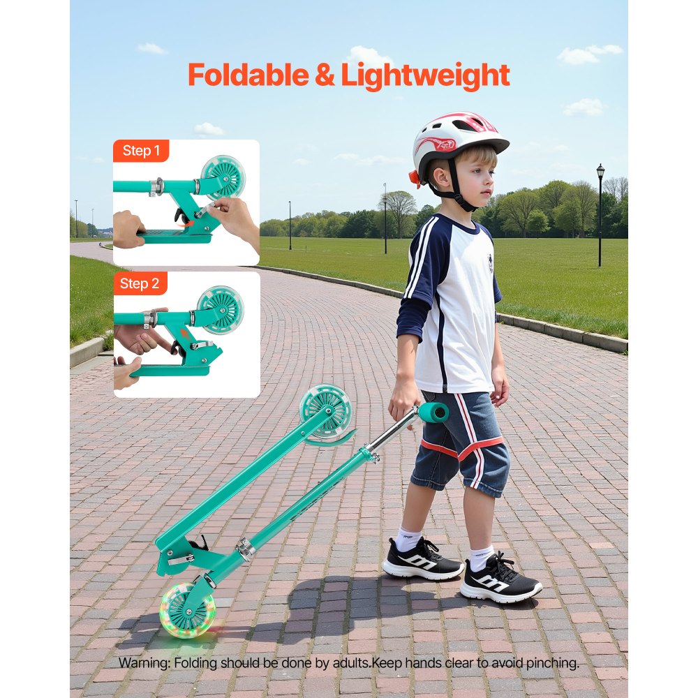 VEVOR Kick Scooter for Kids Ages 3+, 2-Wheel Toddler Scooter with Light-Up Wheels, Adjustable Height Handlebar, Wide Anti-Slip Deck, Foldable Lightweight Frame for Boys & Girls up to 110 lbs, Green