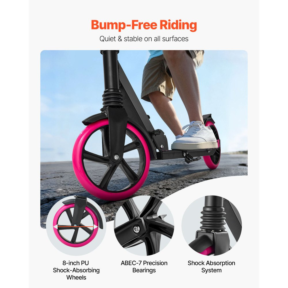 VEVOR Kick Scooter for Kids Ages 8+, Teens & Adults, 2-Wheel Toddler Scooter with Adjustable Height Handlebar, Wide Anti-Slip Deck, Foldable Lightweight Frame for Boys & Girls up to 220 lbs, Pink