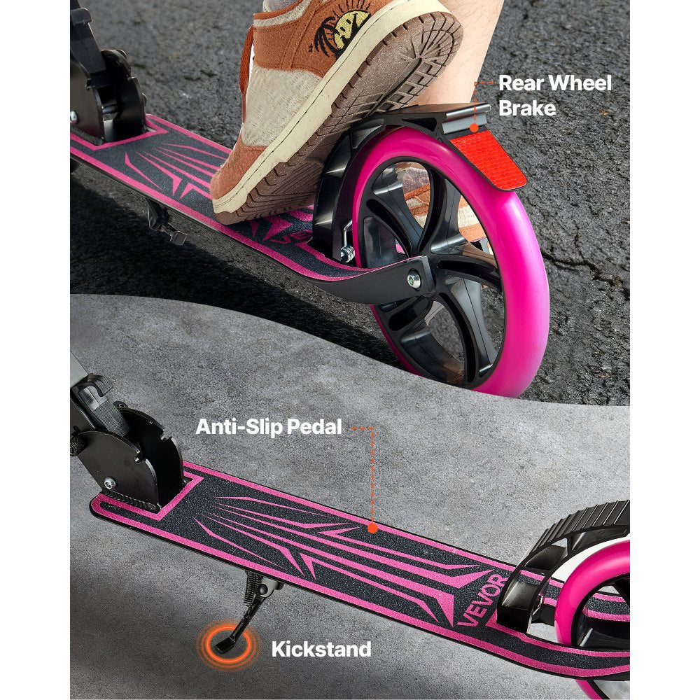 VEVOR Kick Scooter for Kids Ages 8+, Teens & Adults, 2-Wheel Toddler Scooter with Adjustable Height Handlebar, Wide Anti-Slip Deck, Foldable Lightweight Frame for Boys & Girls up to 220 lbs, Pink