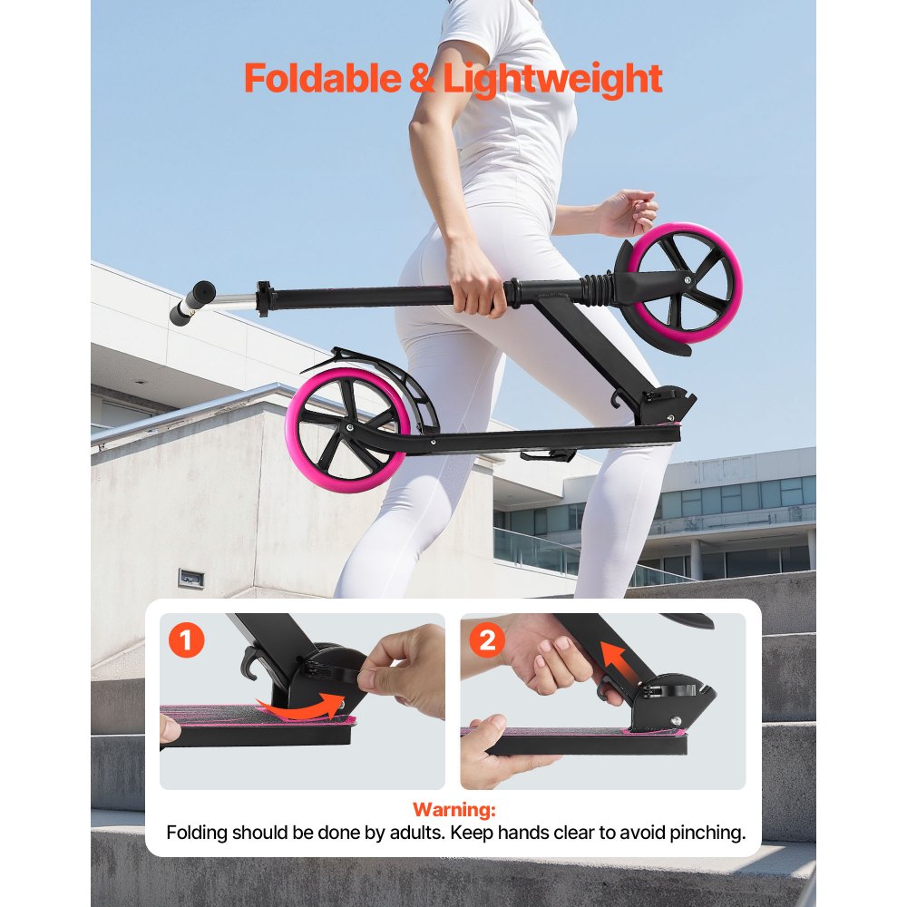 VEVOR Kick Scooter for Kids Ages 8+, Teens & Adults, 2-Wheel Toddler Scooter with Adjustable Height Handlebar, Wide Anti-Slip Deck, Foldable Lightweight Frame for Boys & Girls up to 220 lbs, Pink