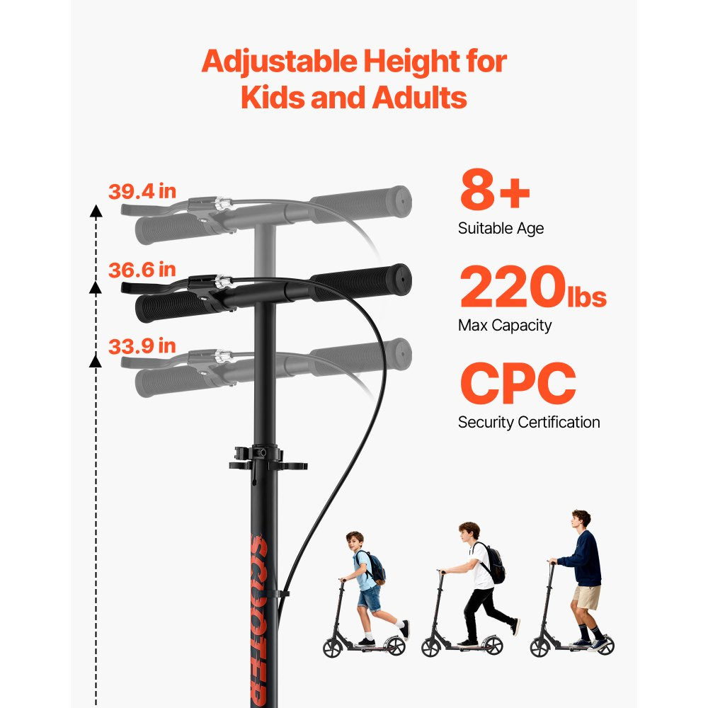 VEVOR Kick Scooter for Kids Ages 8+, Teens & Adults, 2-Wheel Toddler Scooter with Height Adjustable Handlebar, Wide Anti-Slip Deck, Foldable Lightweight Frame for Boys & Girls up to 220 lbs, Black
