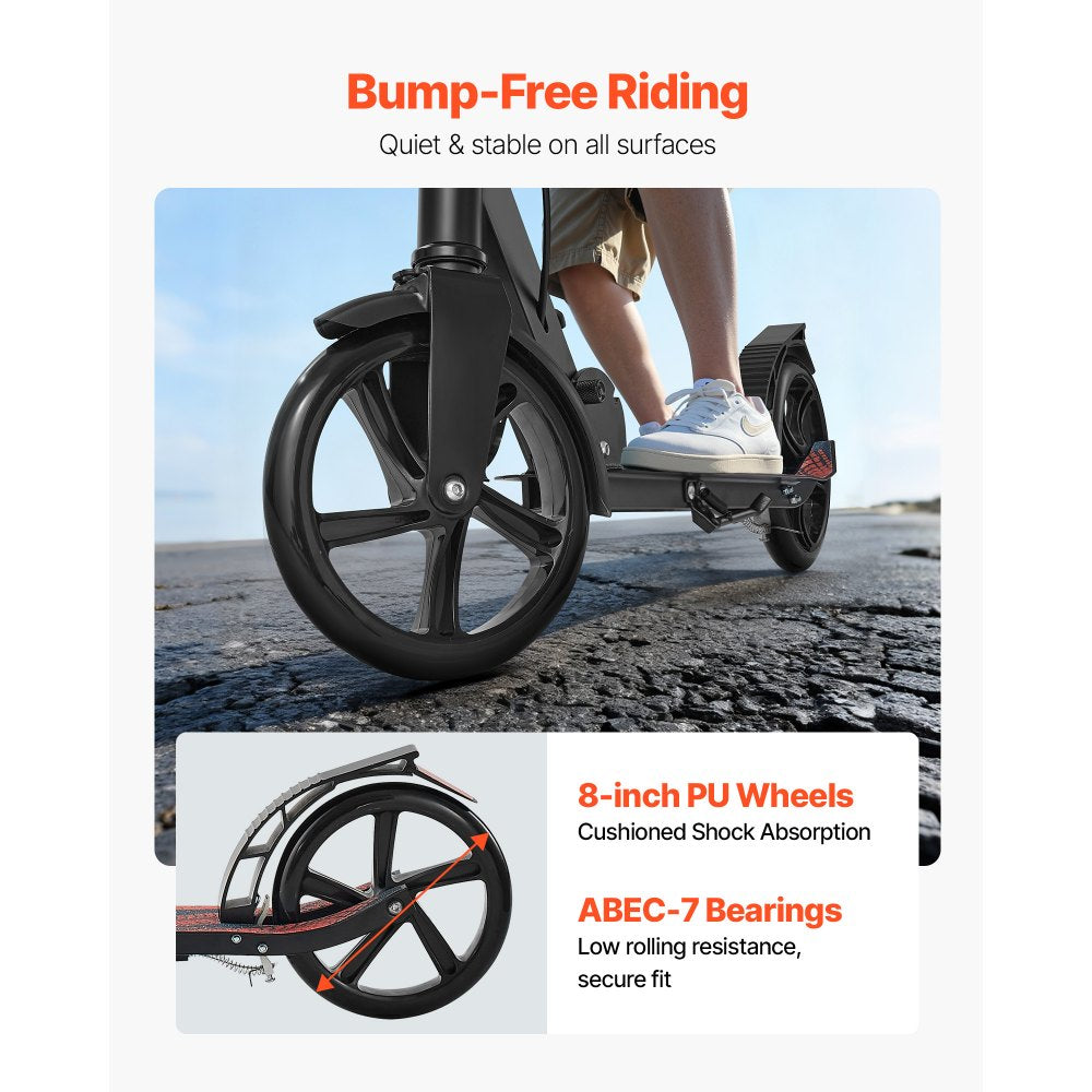 VEVOR Kick Scooter for Kids Ages 8+, Teens & Adults, 2-Wheel Toddler Scooter with Height Adjustable Handlebar, Wide Anti-Slip Deck, Foldable Lightweight Frame for Boys & Girls up to 220 lbs, Black