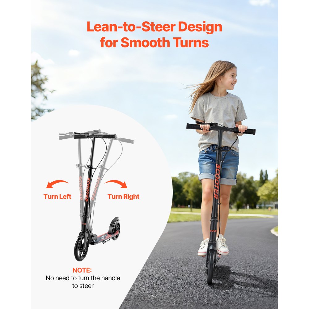 VEVOR Kick Scooter for Kids Ages 8+, Teens & Adults, 2-Wheel Toddler Scooter with Height Adjustable Handlebar, Wide Anti-Slip Deck, Foldable Lightweight Frame for Boys & Girls up to 220 lbs, Black