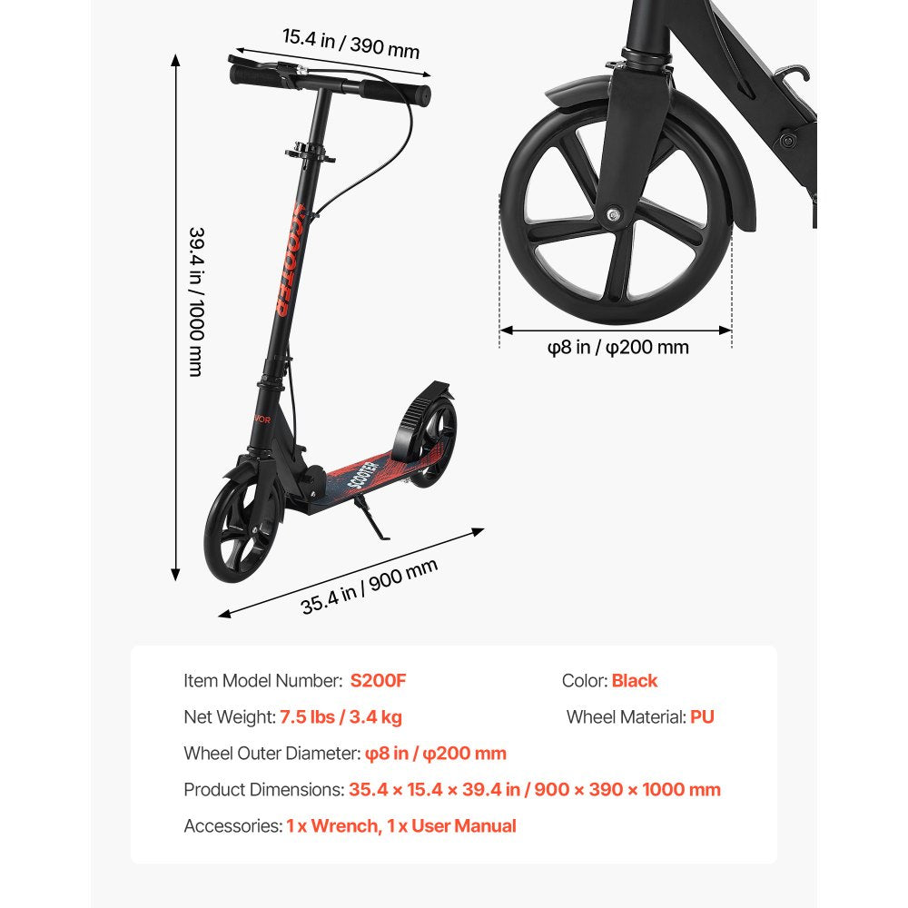 VEVOR Kick Scooter for Kids Ages 8+, Teens & Adults, 2-Wheel Toddler Scooter with Height Adjustable Handlebar, Wide Anti-Slip Deck, Foldable Lightweight Frame for Boys & Girls up to 220 lbs, Black
