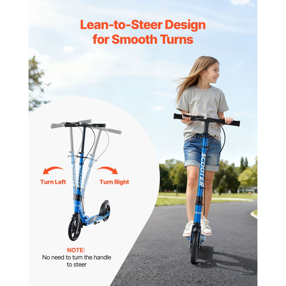 VEVOR Kick Scooter for Kids Ages 8+, Teens & Adults, 2-Wheel Toddler Scooter with Height Adjustable Handlebar, Wide Anti-Slip Deck, Foldable Lightweight for Boys & Girls up to 220 lbs, Black + Blue