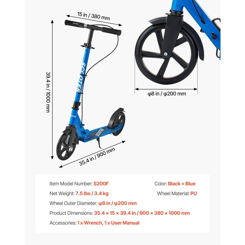 VEVOR Kick Scooter for Kids Ages 8+, Teens & Adults, 2-Wheel Toddler Scooter with Height Adjustable Handlebar, Wide Anti-Slip Deck, Foldable Lightweight for Boys & Girls up to 220 lbs, Black + Blue