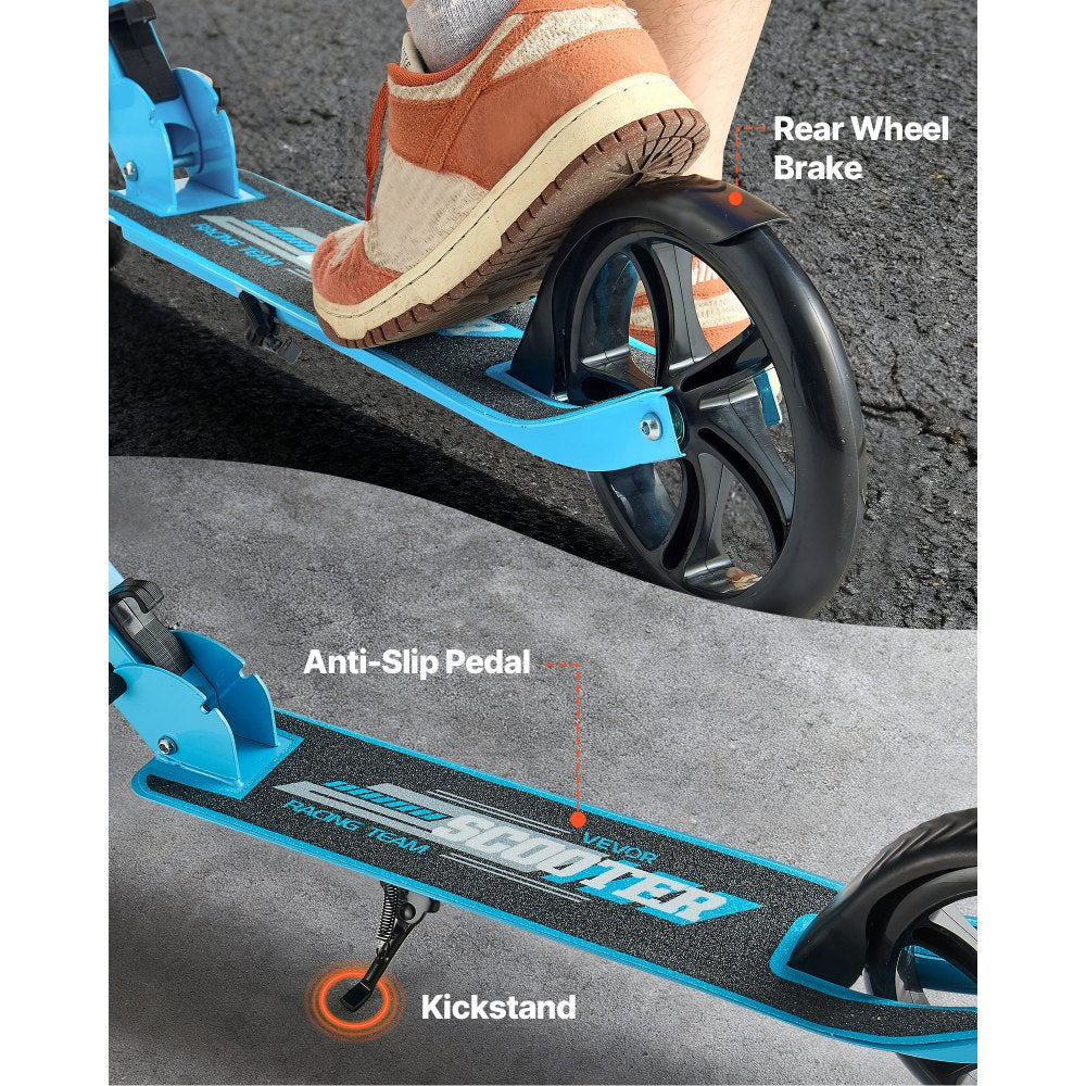 VEVOR Kick Scooter for Kids Ages 8+, Teens & Adults, 2-Wheel Toddler Scooter with Adjustable Height Handlebar, Wide Anti-Slip Deck, Foldable Lightweight for Boys & Girls up to 220 lbs, Blue + Black