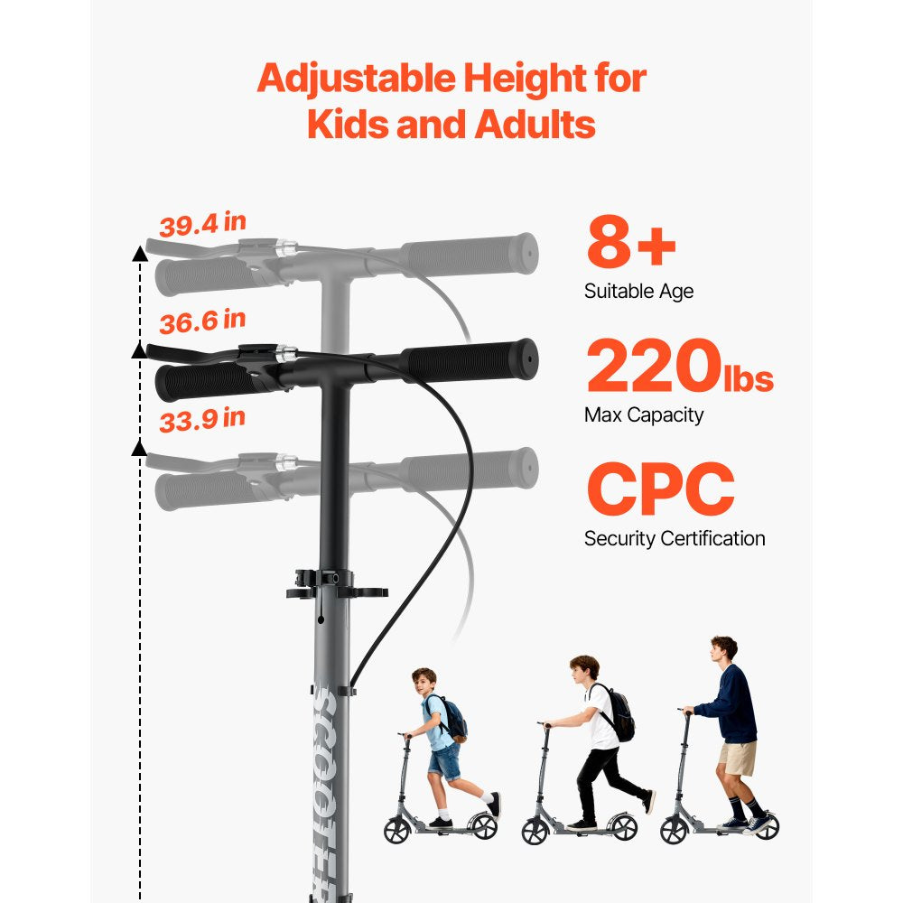 VEVOR Kick Scooter for Kids Ages 8+, Teens & Adults, 2-Wheel Toddler Scooter with Adjustable Height Handlebar, Wide Anti-Slip Deck, Foldable Lightweight Frame for Boys & Girls up to 220 lbs, Gray