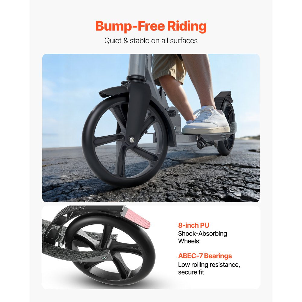 VEVOR Kick Scooter for Kids Ages 8+, Teens & Adults, 2-Wheel Toddler Scooter with Adjustable Height Handlebar, Wide Anti-Slip Deck, Foldable Lightweight Frame for Boys & Girls up to 220 lbs, Gray