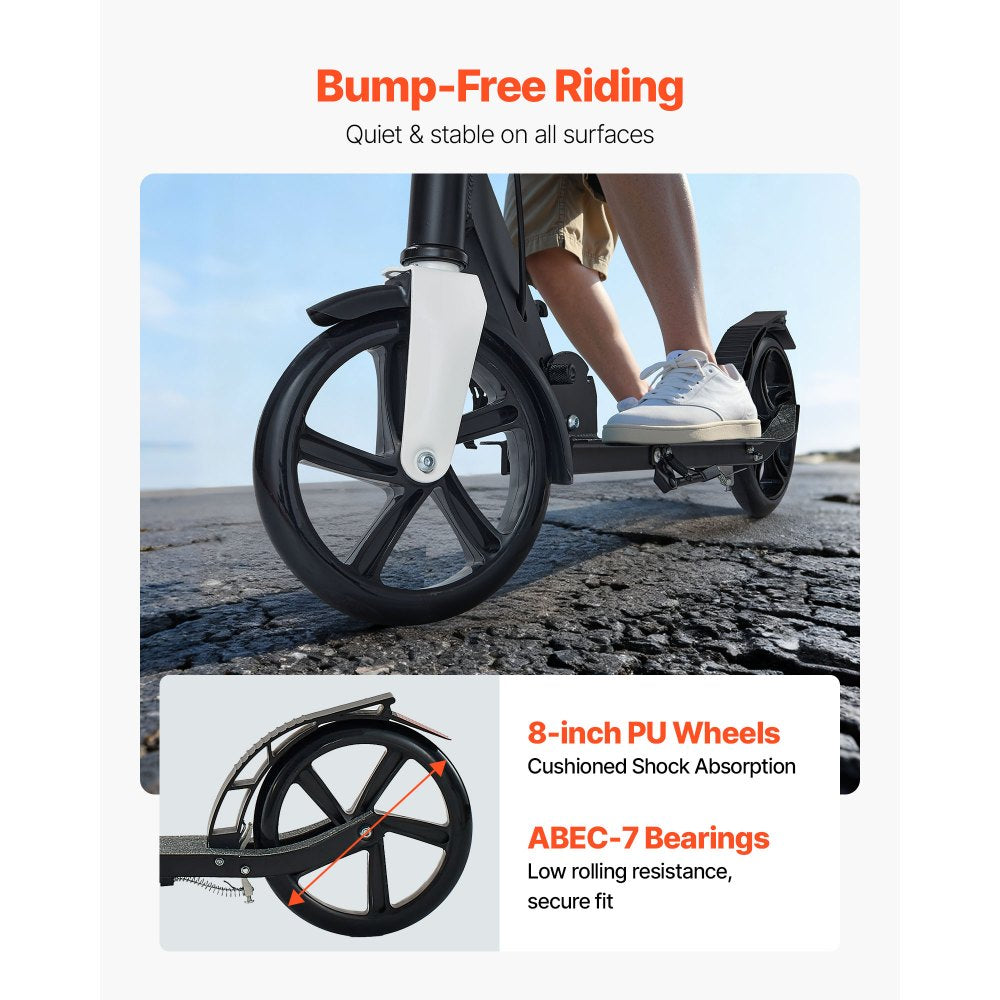 VEVOR Kick Scooter for Kids Ages 8+, Teens & Adults, 2-Wheel Toddler Scooter with Adjustable Height Handlebar, Wide Anti-Slip Deck, Foldable Lightweight for Boys & Girls up to 220 lbs, Black + Silver