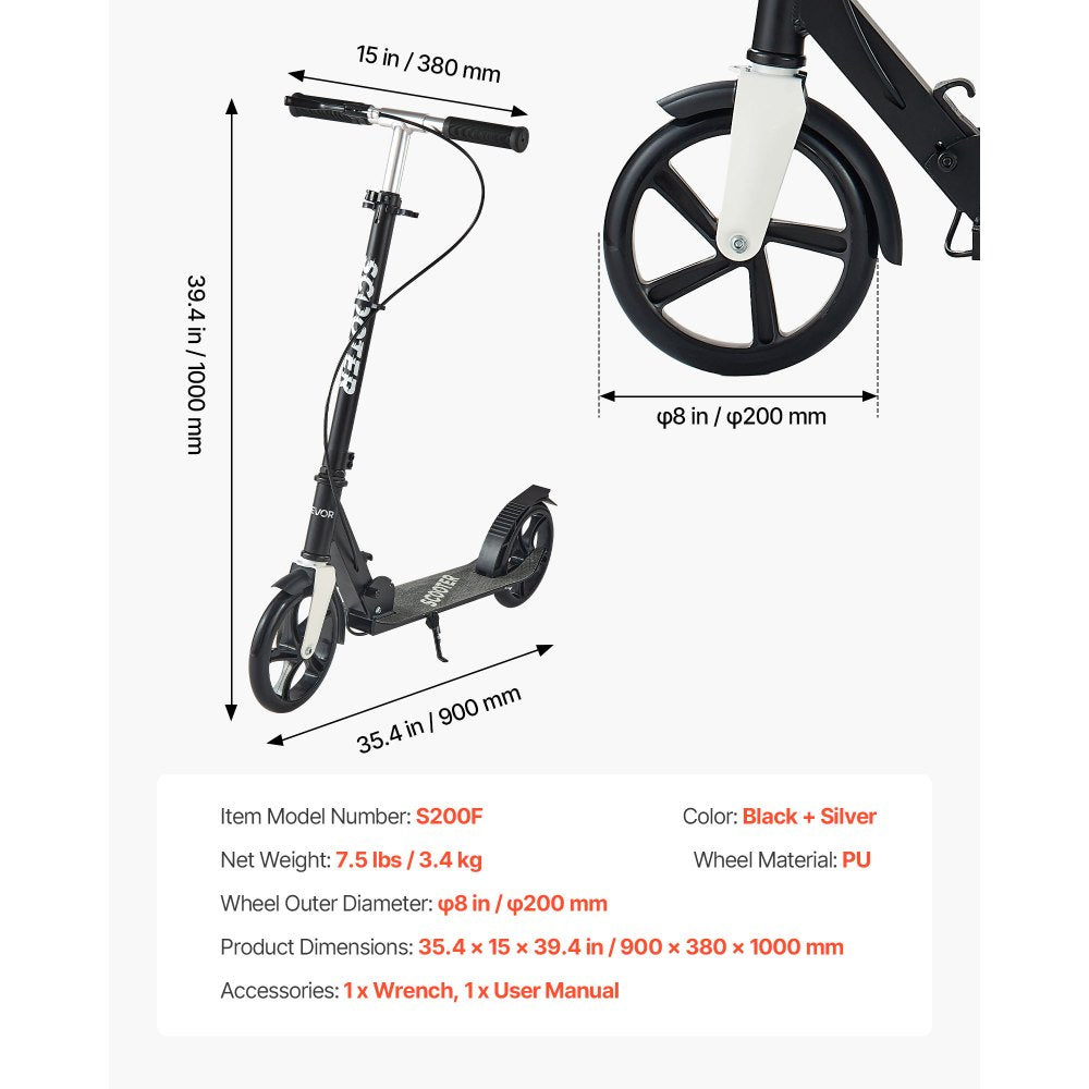 VEVOR Kick Scooter for Kids Ages 8+, Teens & Adults, 2-Wheel Toddler Scooter with Adjustable Height Handlebar, Wide Anti-Slip Deck, Foldable Lightweight for Boys & Girls up to 220 lbs, Black + Silver