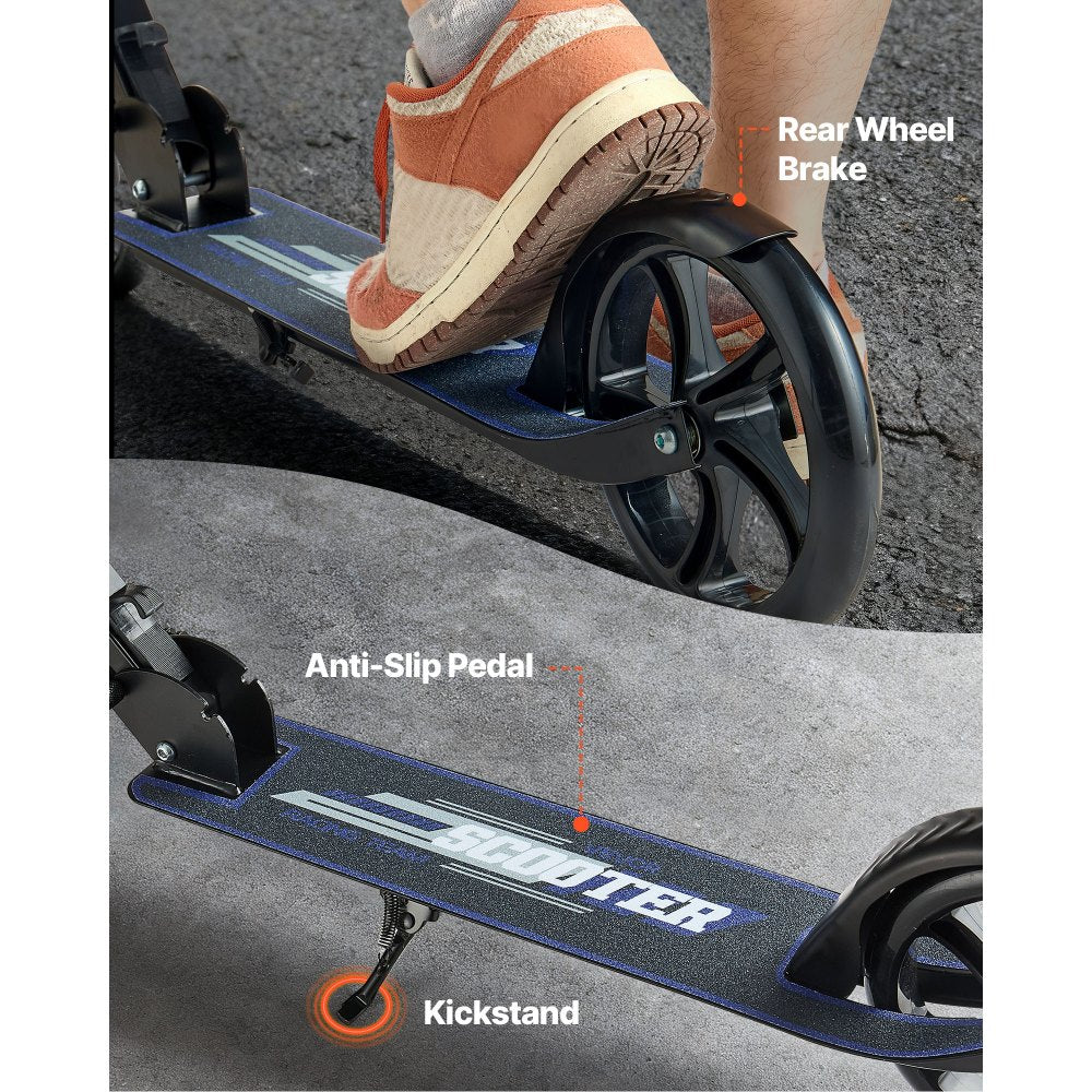 VEVOR Kick Scooter for Kids Ages 8+, Teens & Adults, 2-Wheel Toddler Scooter with Adjustable Height Handlebar, Wide Anti-Slip Deck, Foldable Lightweight for Boys & Girls up to 220 lbs, Black + Purple