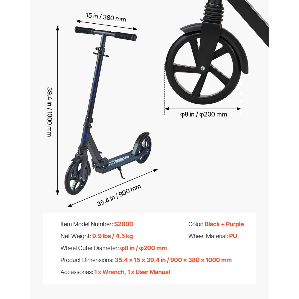 VEVOR Kick Scooter for Kids Ages 8+, Teens & Adults, 2-Wheel Toddler Scooter with Adjustable Height Handlebar, Wide Anti-Slip Deck, Foldable Lightweight for Boys & Girls up to 220 lbs, Black + Purple