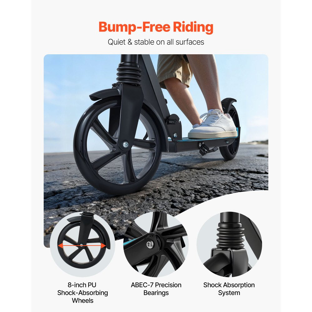 VEVOR Kick Scooter for Kids Ages 8+, Teens & Adults, 2-Wheel Toddler Scooter with Adjustable Height Handlebar, Wide Anti-Slip Deck, Foldable Lightweight for Boys & Girls up to 220 lbs, Black + Blue